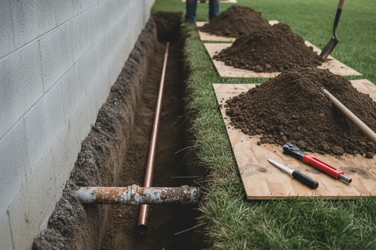 Excavated water line trench during Sewer Line Repair in Pe Ell